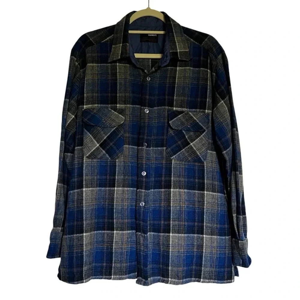 Vancort Blue Plaid Wool Blend Button Down Shirt Size XL‎